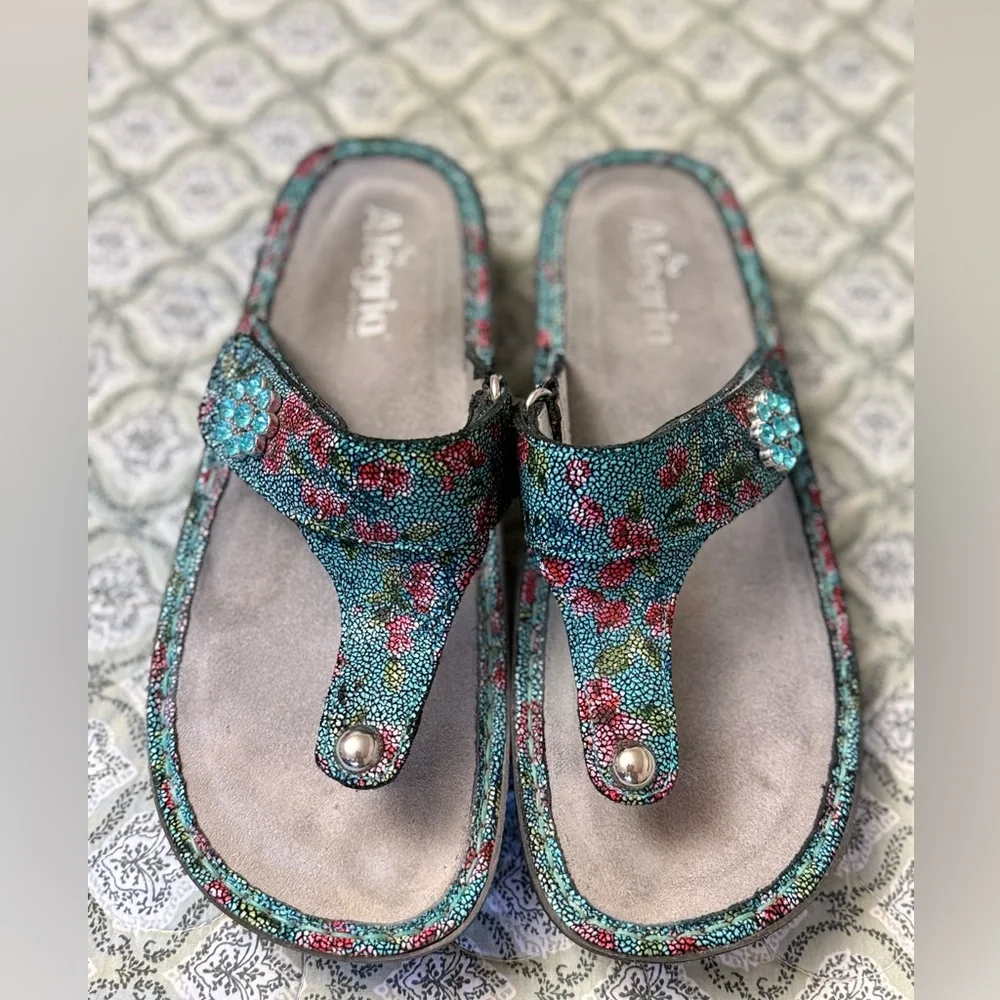 Alegria Carina‎ Aqua Floral Leather Wedge Sandals Women’s Size 39 EU 8.5 US